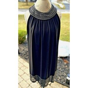 S.L. Fashions Chiffon Black Dress with Silver Foil Trim + Matching FREE BRACELET